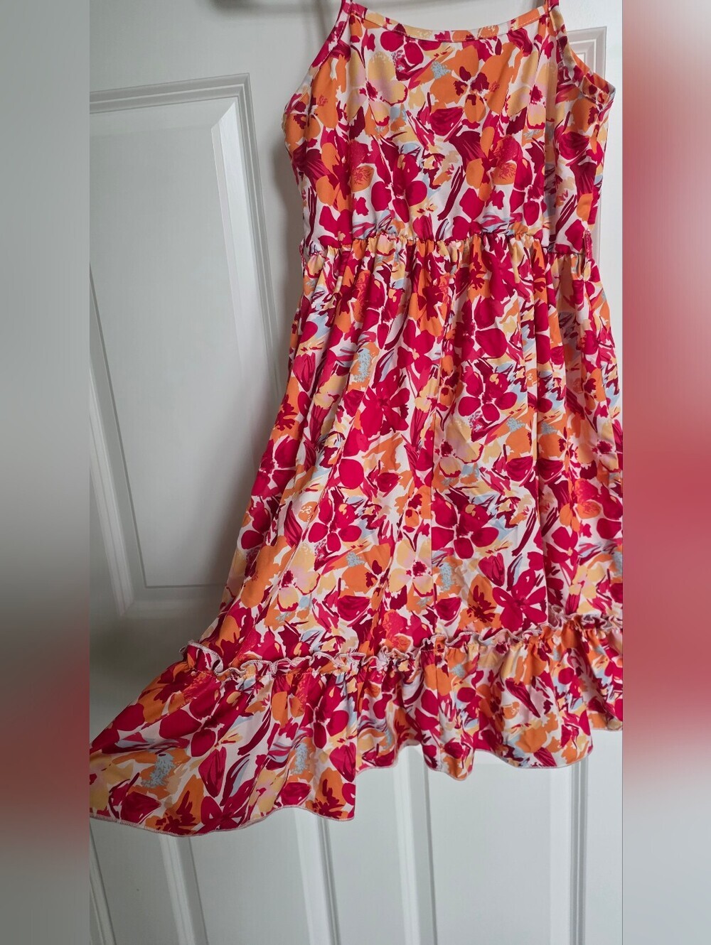 Girls Floral Ruffle Hem Sundress Size 11Y Pink Orange Summer Dress - Picture 4 of 6